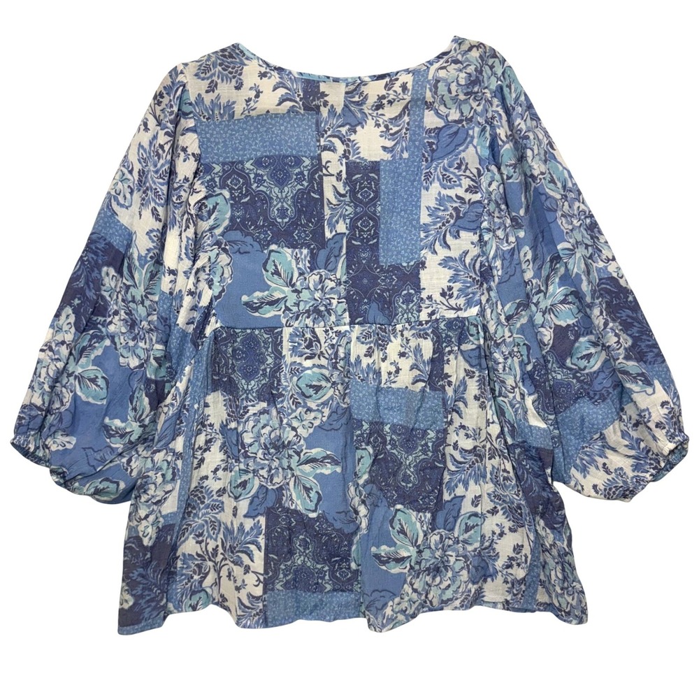 Unique Spectrum 2X Peasant Blouse Blue Floral Patchwork Tassel Boho Beach Summer - Picture 3 of 5